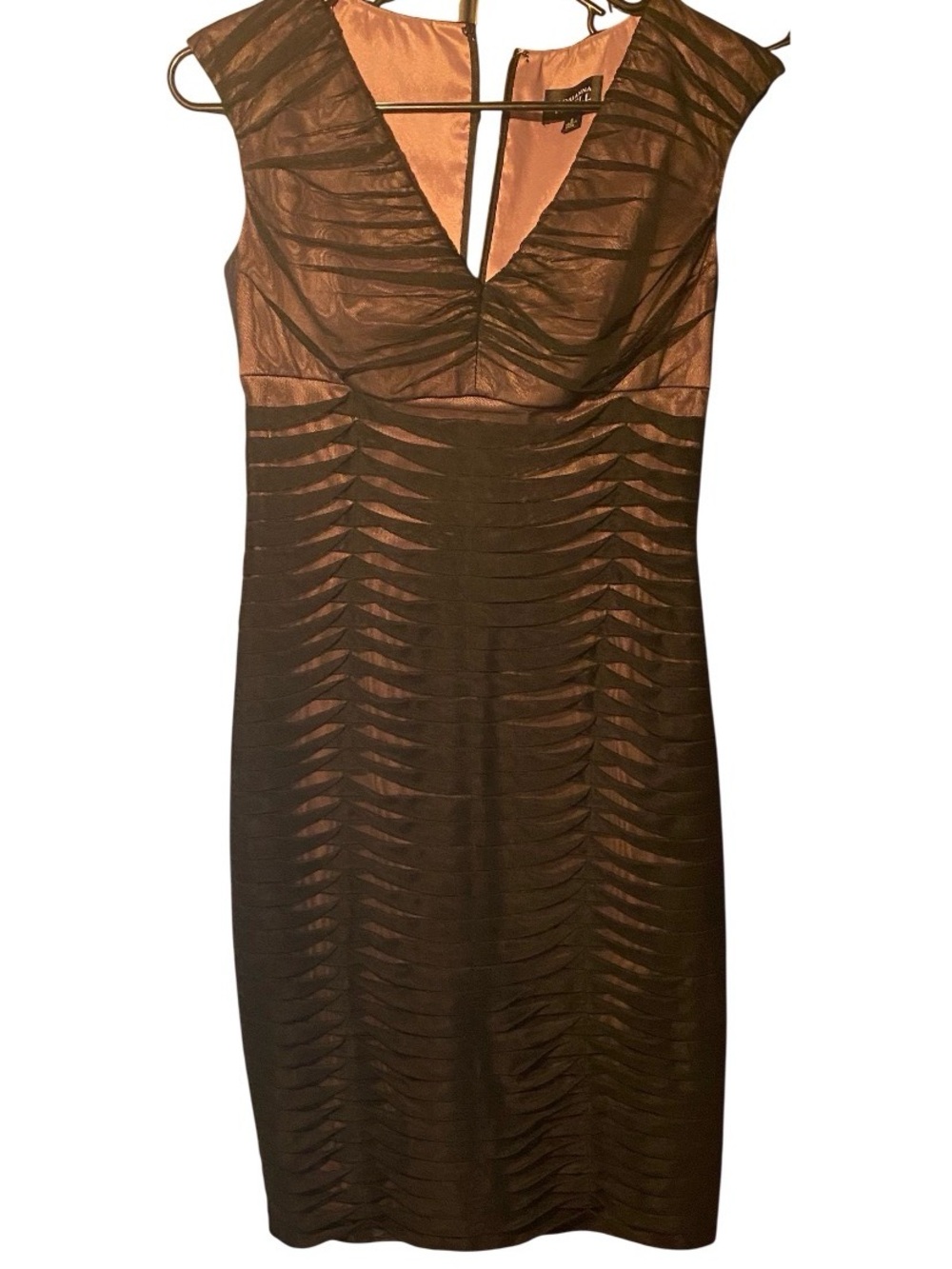 Adrianna Papell Black with Lavender Ruched V-Neck Midi Dress